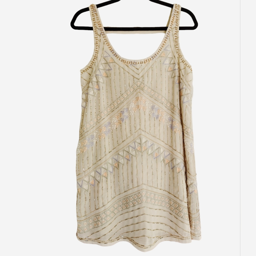 Free People Boho Flapper Shift Beaded Embroidered Backless Mini Dress - Cream